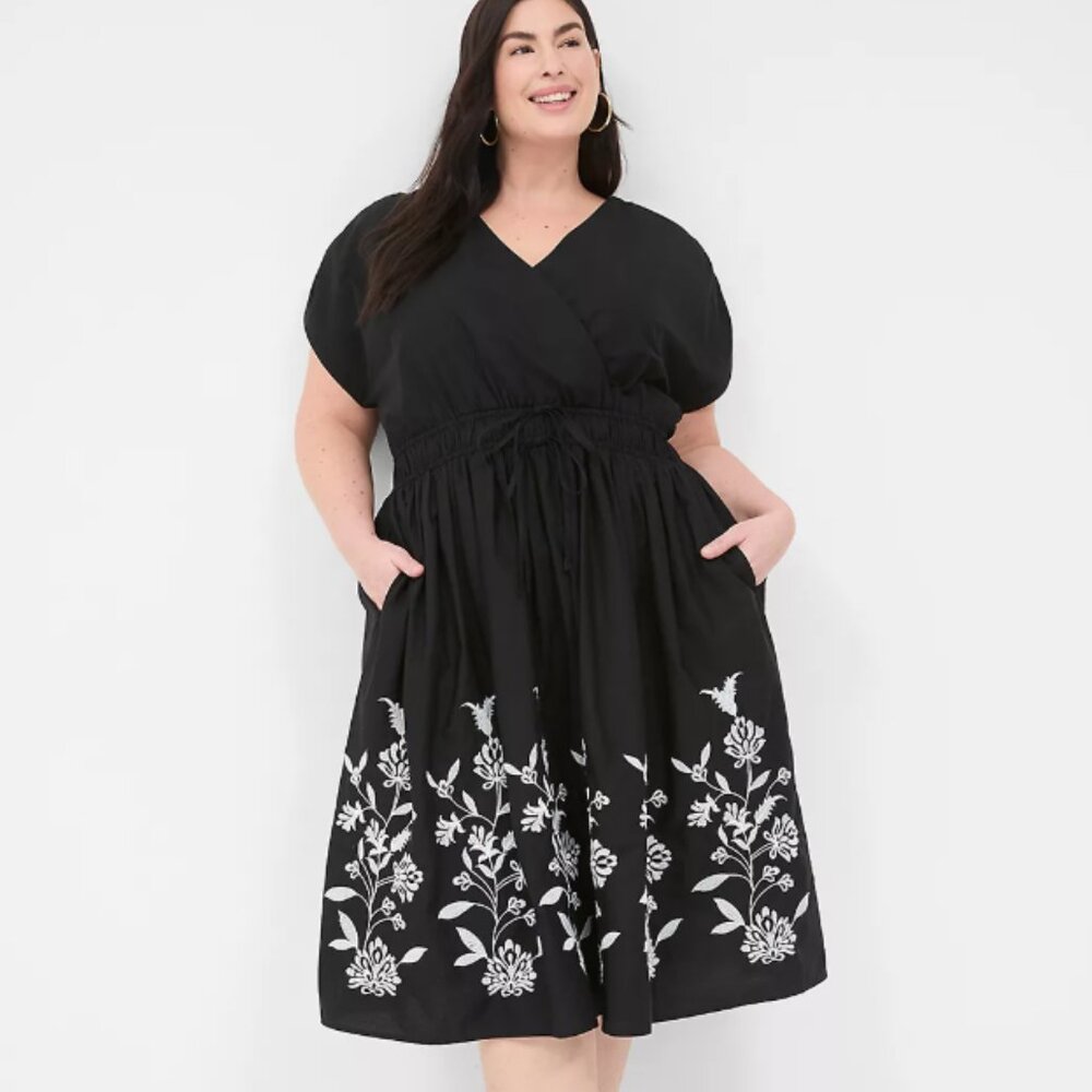 Lane Bryant Embroidered Shirred Shoulder Double Waist Midi Dress Black size 16
